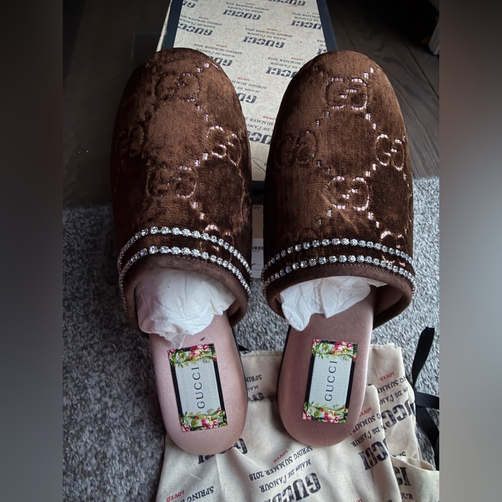 Gucci Brown Velvet Mules with Rhinestone Trim